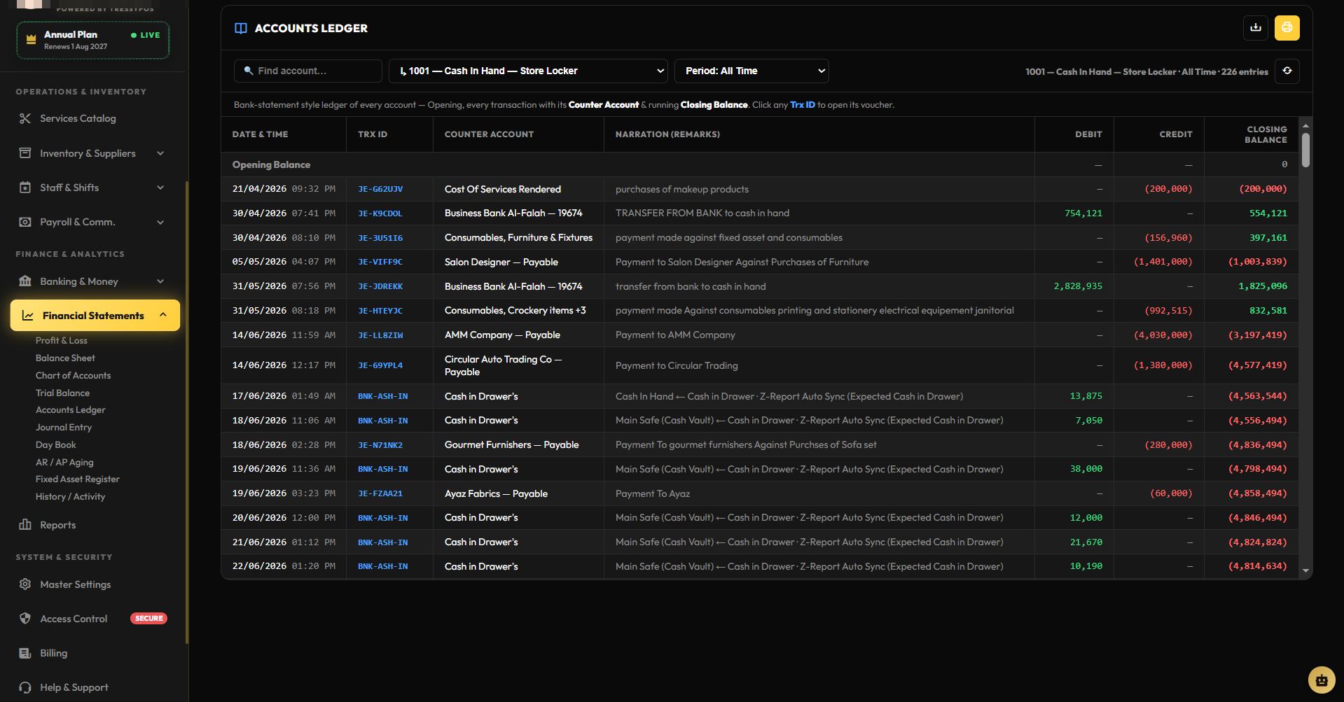 Salon account ledger with running balance