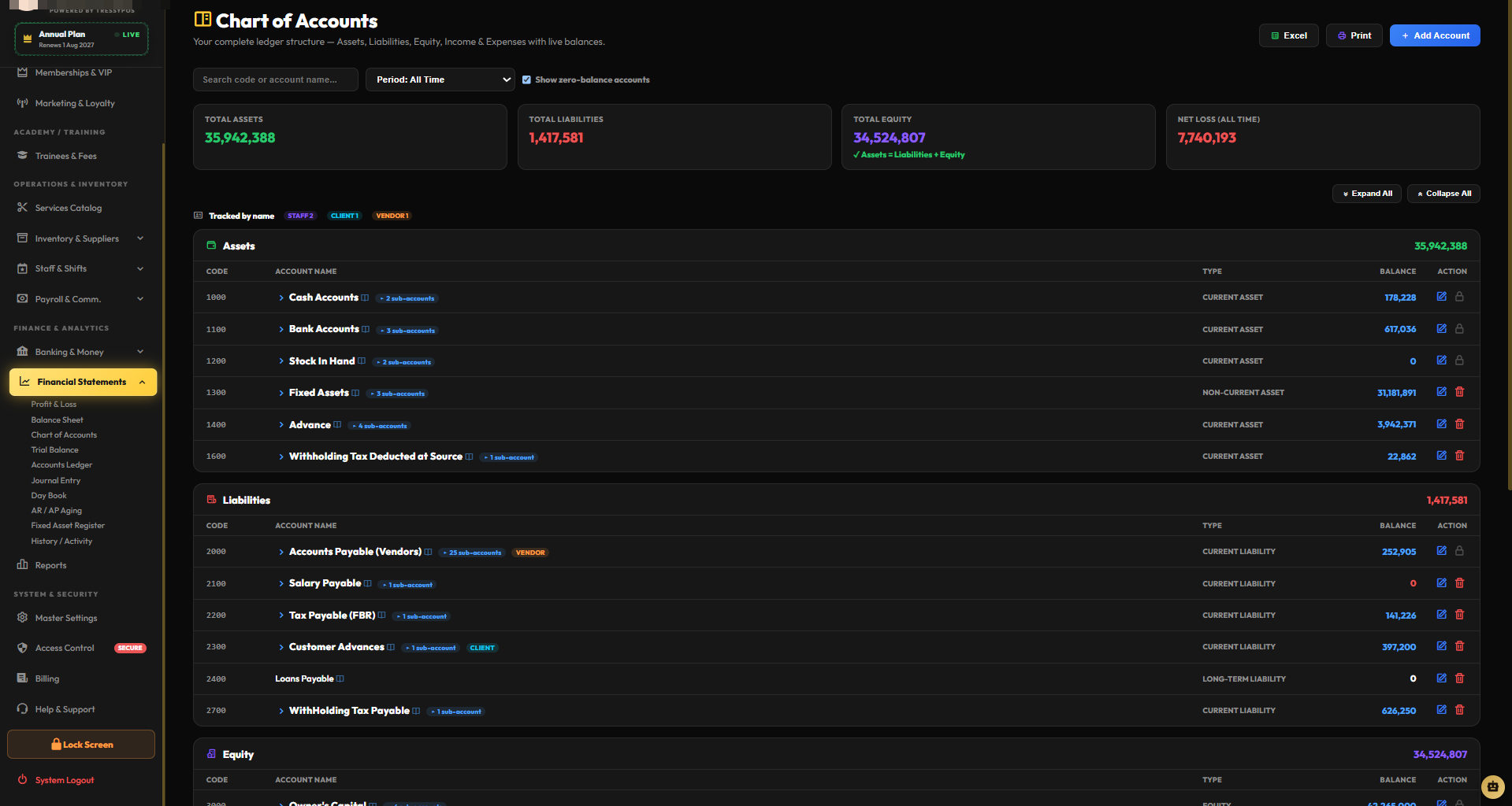 Salon chart of accounts with live balances