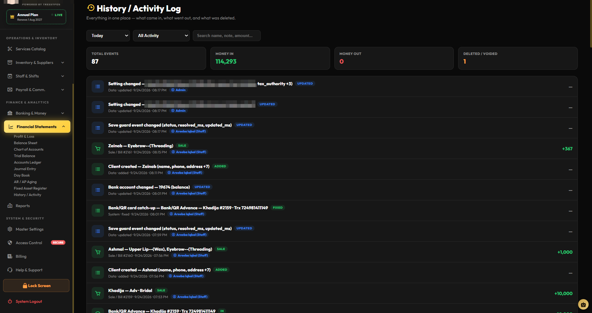 Salon software history and activity log