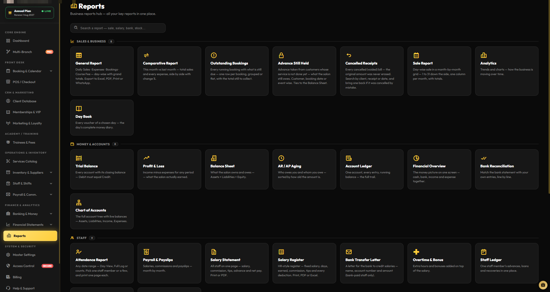 TressyPOS Reports hub with Profit and Loss, Trial Balance and Balance Sheet